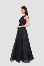 Load image into Gallery viewer, Mila Black With Turquoise Floral Glitter Sleeveless Maxi Dress
