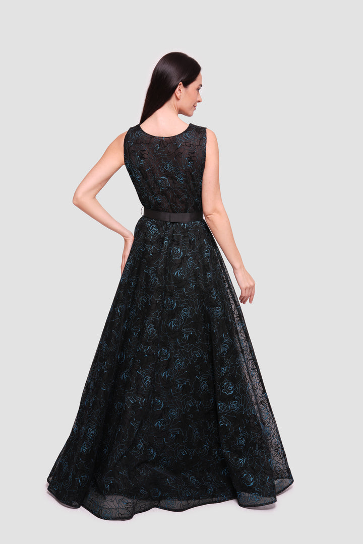 Mila Black With Turquoise Floral Glitter Sleeveless Maxi Dress