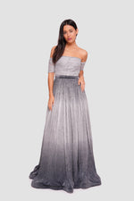 Load image into Gallery viewer, Harley Metallic Silver To Charcoal Ombre Off-shoulder Maxi Dress
