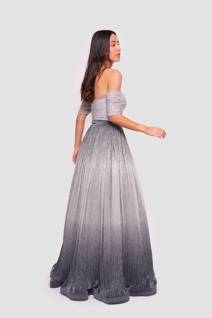 Harley Metallic Silver To Charcoal Ombre Off-shoulder Maxi Dress