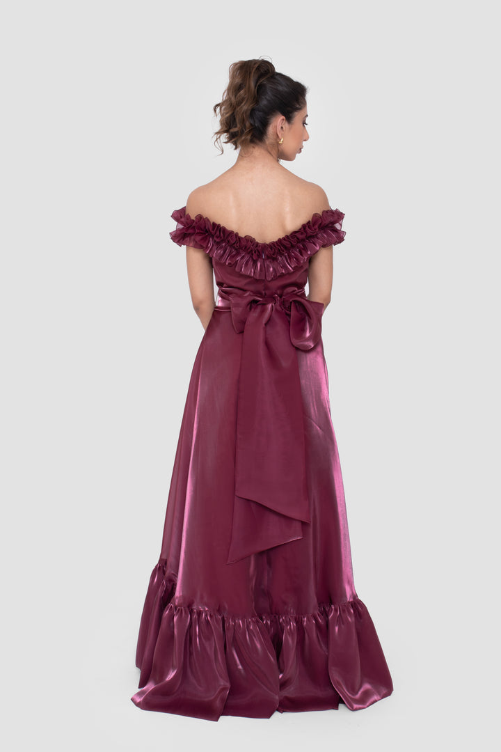 Elham Deep Plum Organza Corset Maxi Dress