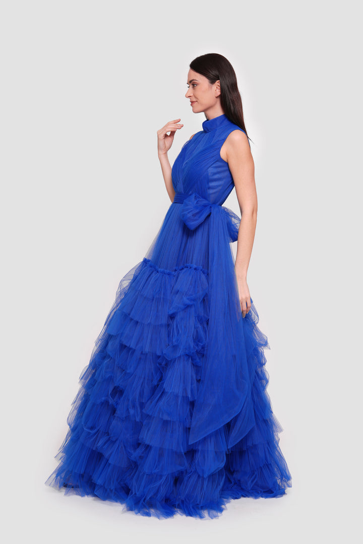 Lucy Midnight Blue Tulle High Neck Sleeveless Maxi Dress