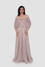 Load image into Gallery viewer, Noora Metallic Off-Shoulder With Pleated Draped Sleeves Maxi Dress
