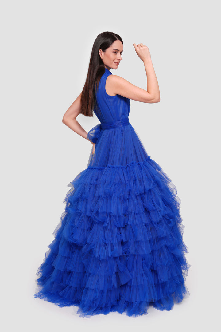 Lucy Midnight Blue Tulle High Neck Sleeveless Maxi Dress