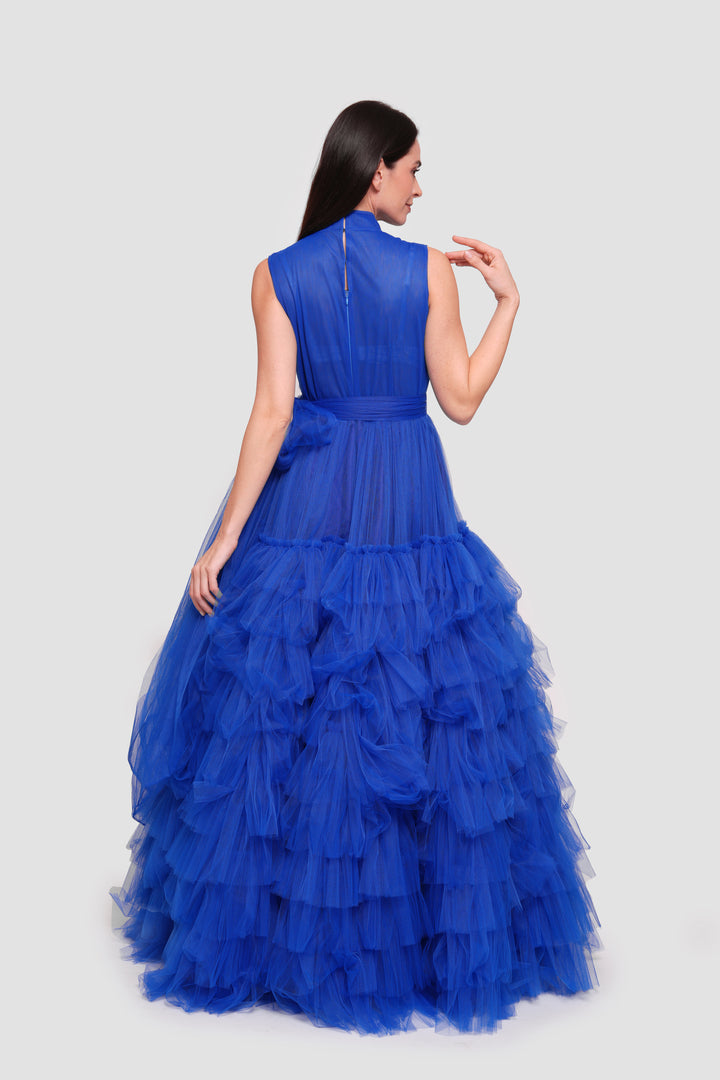 Lucy Midnight Blue Tulle High Neck Sleeveless Maxi Dress
