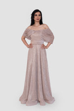 Load image into Gallery viewer, Noora Metallic Off-Shoulder With Pleated Draped Sleeves Maxi Dress
