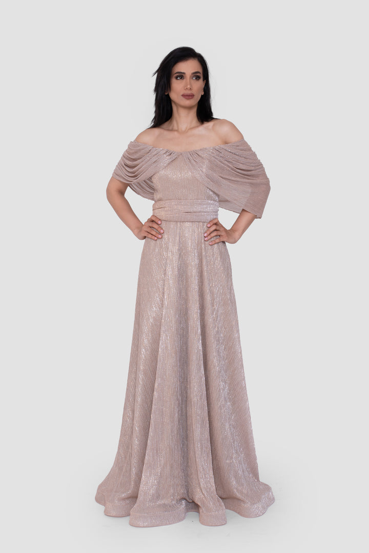 Noora Metallic Off-Shoulder With Pleated Draped Sleeves Maxi Dress