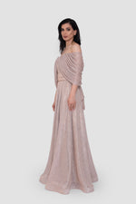 Load image into Gallery viewer, Noora Metallic Off-Shoulder With Pleated Draped Sleeves Maxi Dress
