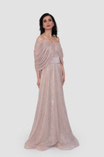 Load image into Gallery viewer, Noora Metallic Off-Shoulder With Pleated Draped Sleeves Maxi Dress
