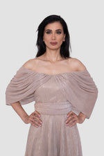 Load image into Gallery viewer, Noora Metallic Off-Shoulder With Pleated Draped Sleeves Maxi Dress
