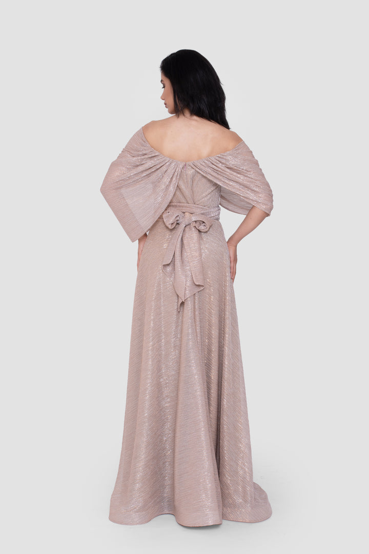 Noora Metallic Off-Shoulder With Pleated Draped Sleeves Maxi Dress