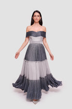 Load image into Gallery viewer, Hailey Metallic Silver And Charcoal Off-shoulder Padded Corset Maxi Dress
