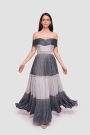 Hailey Metallic Silver And Charcoal Off-shoulder Padded Corset Maxi Dress