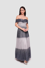 Load image into Gallery viewer, Hailey Metallic Silver And Charcoal Off-shoulder Padded Corset Maxi Dress
