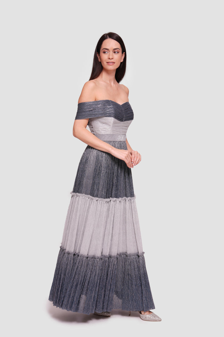 Hailey Metallic Silver And Charcoal Off-shoulder Padded Corset Maxi Dress