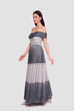 Load image into Gallery viewer, Hailey Metallic Silver And Charcoal Off-shoulder Padded Corset Maxi Dress

