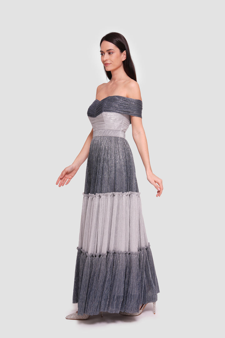 Hailey Metallic Silver And Charcoal Off-shoulder Padded Corset Maxi Dress