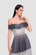 Load image into Gallery viewer, Hailey Metallic Silver And Charcoal Off-shoulder Padded Corset Maxi Dress
