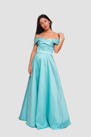 Riley Soft Cyan Taffeta Off-shoulder Corset Maxi Dress