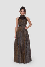 Load image into Gallery viewer, Viola Strapless Bronze And Black Metallic Maxi Dress
