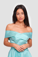 Load image into Gallery viewer, Riley Soft Cyan Taffeta Off-shoulder Corset Maxi Dress
