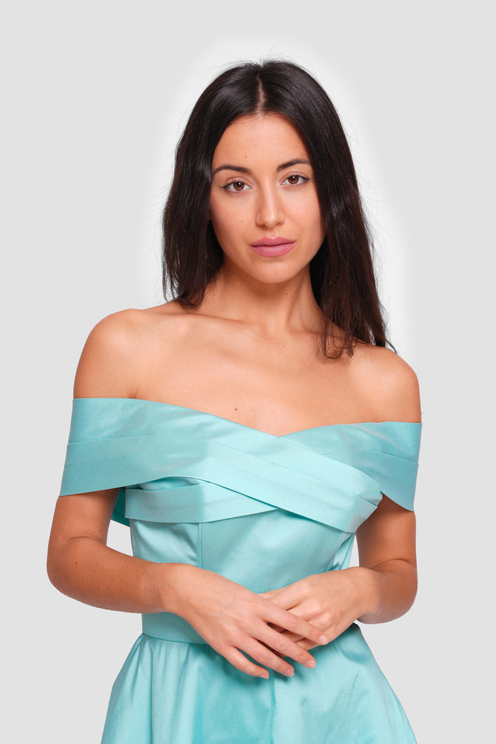 Riley Soft Cyan Taffeta Off-shoulder Corset Maxi Dress