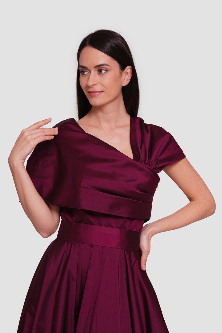 Aryana Deep Wine Taffeta Asymmetrical Draped Maxi Dress