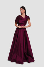 Load image into Gallery viewer, Aryana Deep Wine Taffeta Asymmetrical Draped Maxi Dress

