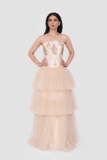 Load image into Gallery viewer, Ciela Champagne Gold Strapless Corset Gown
