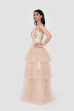 Load image into Gallery viewer, Ciela Champagne Gold Strapless Corset Gown
