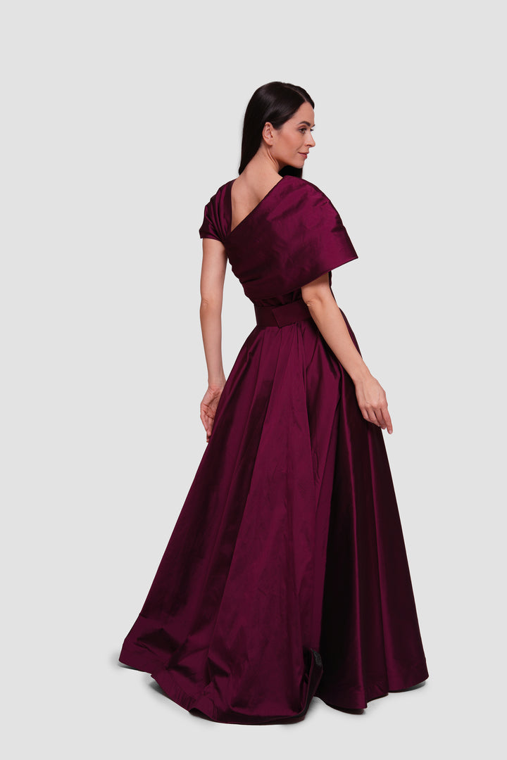 Aryana Deep Wine Taffeta Asymmetrical Draped Maxi Dress