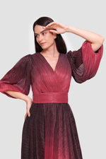 Load image into Gallery viewer, Heidi Metallic Scarlet Red To Black Ombre Pleated Maxi Dress
