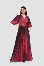 Load image into Gallery viewer, Heidi Metallic Scarlet Red To Black Ombre Pleated Maxi Dress
