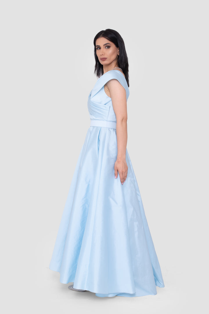 Adelina Powder Blue Taffeta V-neckline Maxi Dress
