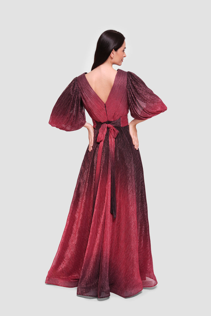 Heidi Metallic Scarlet Red To Black Ombre Pleated Maxi Dress