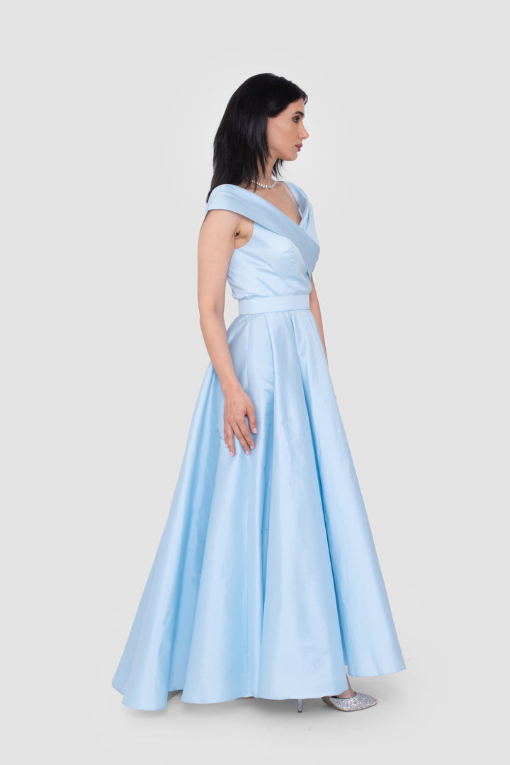 Adelina Powder Blue Taffeta V-neckline Maxi Dress