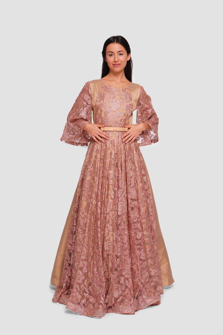Manal Bronze And Gold Taffeta And Tulle With Embroidery And Sequins Maxi Dress