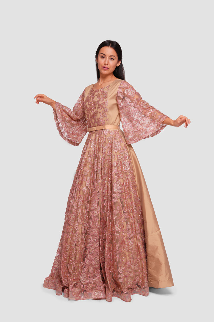 Manal Bronze And Gold Taffeta And Tulle With Embroidery And Sequins Maxi Dress