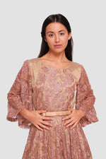 Load image into Gallery viewer, Manal Bronze And Gold Taffeta And Tulle With Embroidery And Sequins Maxi Dress
