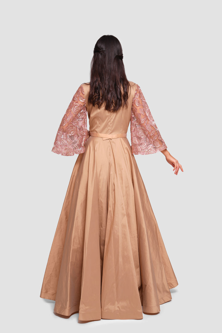 Manal Bronze And Gold Taffeta And Tulle With Embroidery And Sequins Maxi Dress