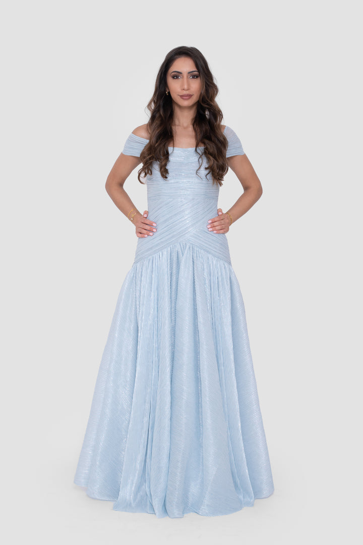 Noelia Powder Blue Metallic Off-Shoulder Gown With Asymmetrical Pleating