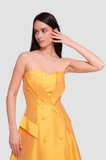 Load image into Gallery viewer, Alarina Yellow Mustard Taffeta Double Breasted Lapel-style Maxi Dress
