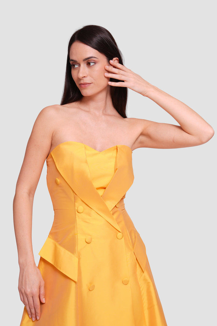 Alarina Yellow Mustard Taffeta Double Breasted Lapel-style Maxi Dress