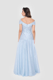 Noelia Powder Blue Metallic Off-Shoulder Gown With Asymmetrical Pleating