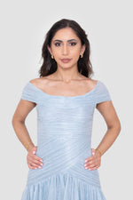 Load image into Gallery viewer, Noelia Powder Blue Metallic Off-Shoulder Gown With Asymmetrical Pleating
