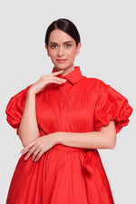 Load image into Gallery viewer, Anna                                                                                                                                                      Red Taffeta Pleated Button-down Front Maxi Dress With Puff Short Sleeves
