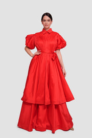 Anna                                                                                                                                                      Red Taffeta Pleated Button-down Front Maxi Dress With Puff Short Sleeves