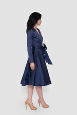 Load image into Gallery viewer, Avaleen Deep Navy Taffeta Wrap-Style Midi Dress With Collar
