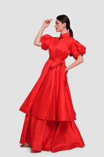 Load image into Gallery viewer, Anna                                                                                                                                                      Red Taffeta Pleated Button-down Front Maxi Dress With Puff Short Sleeves
