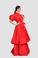 Load image into Gallery viewer, Anna                                                                                                                                                      Red Taffeta Pleated Button-down Front Maxi Dress With Puff Short Sleeves
